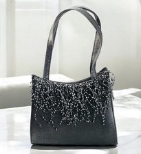 Vtg Gray Metallic Beaded Evening Bag - Faux Pearl Fringe - Double Handle Purse