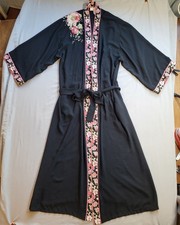 Oscar de la Renta Pink Label Robe Size L Black Floral Long Kimono Boudoir