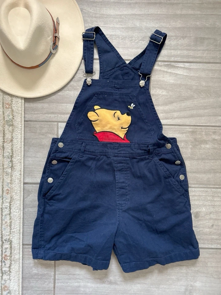 Vintage Winnie The Pooh Overall Shorts Shortalls Size M Navy Womens 90s - Image 3 of 4
