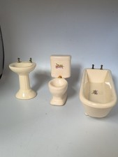 Vtg 1:12 Scale Porcelain Dollhouse Bathroom Set 3 Pc Floral Tub Sink Toilet Read