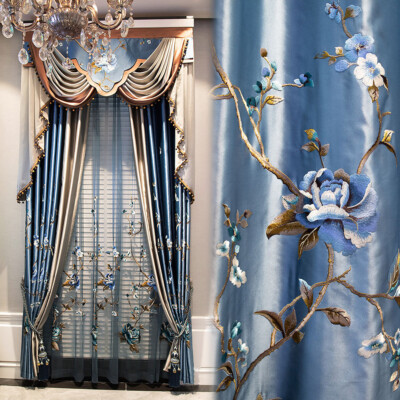 Custom high precision embroidered blue cloth blackout curtain valance drape C155