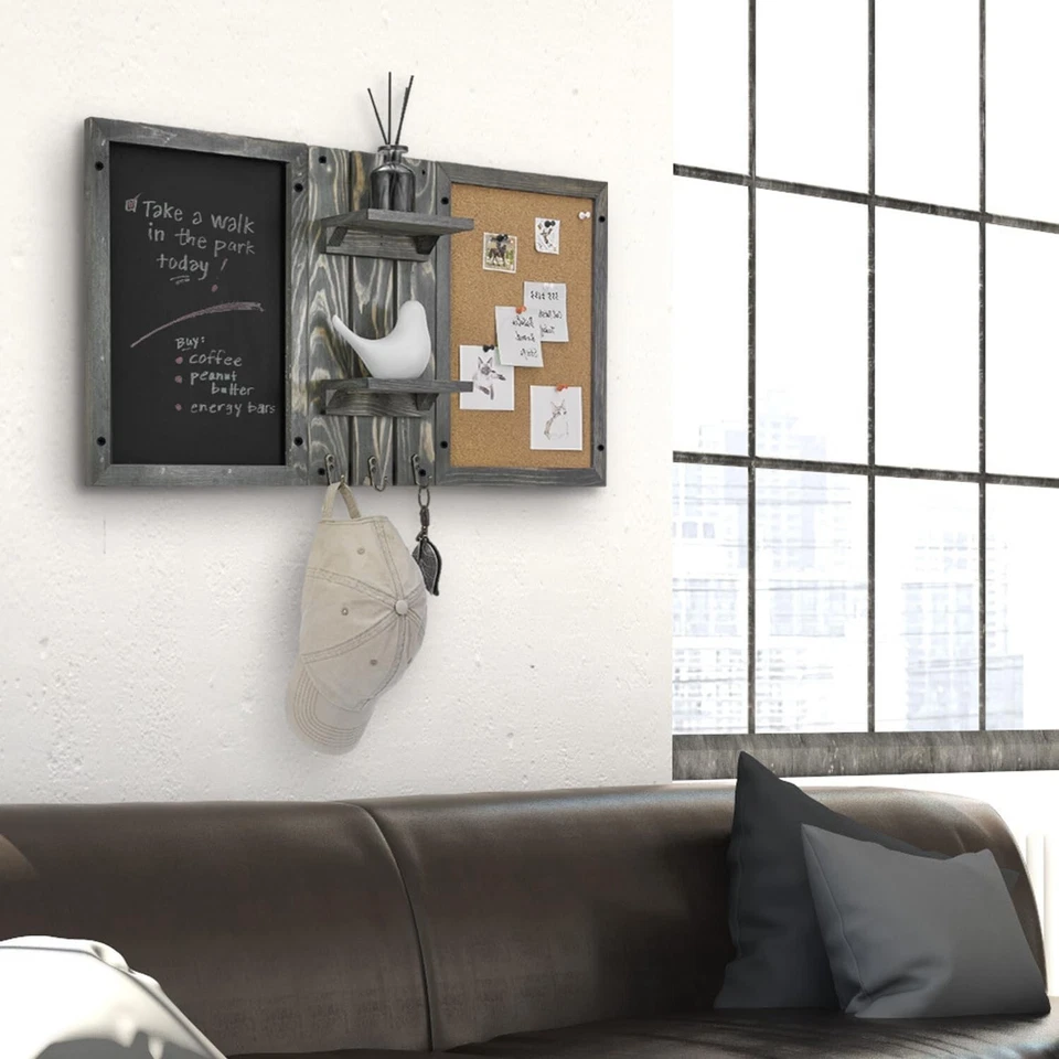 Wall Mounted Gray Wood Entryway Bulletin Board Combo Set, Wall Organizer w/ Hook - Image 3 of 4