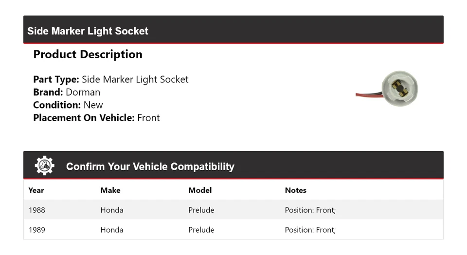 Передняя гнездо габаритных огней для Honda Prelude Dorman 1988-1989 годов выпуска - Изображение 2 из 4