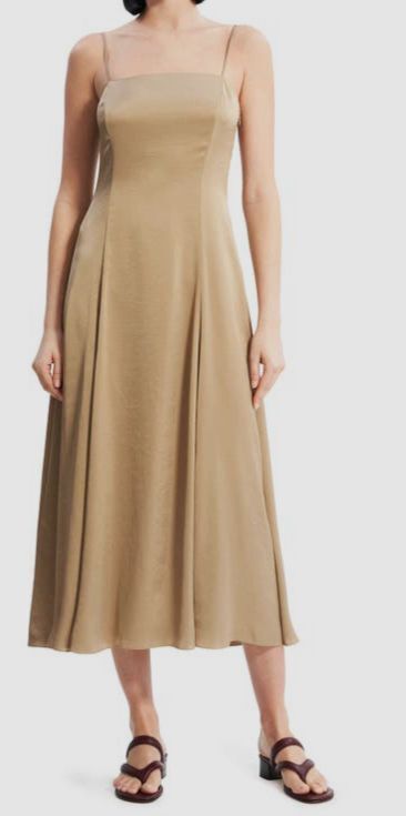 theory beige dress $495 Women's Cami Crushed Satin Square Neck Slip Size 10 Byron