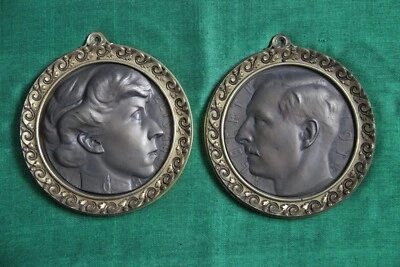 2 Médaillons Bronze Albert Ier et Elisabeth de Belgique 14-18 Léon Vogelaar Rey - Photo 1/4