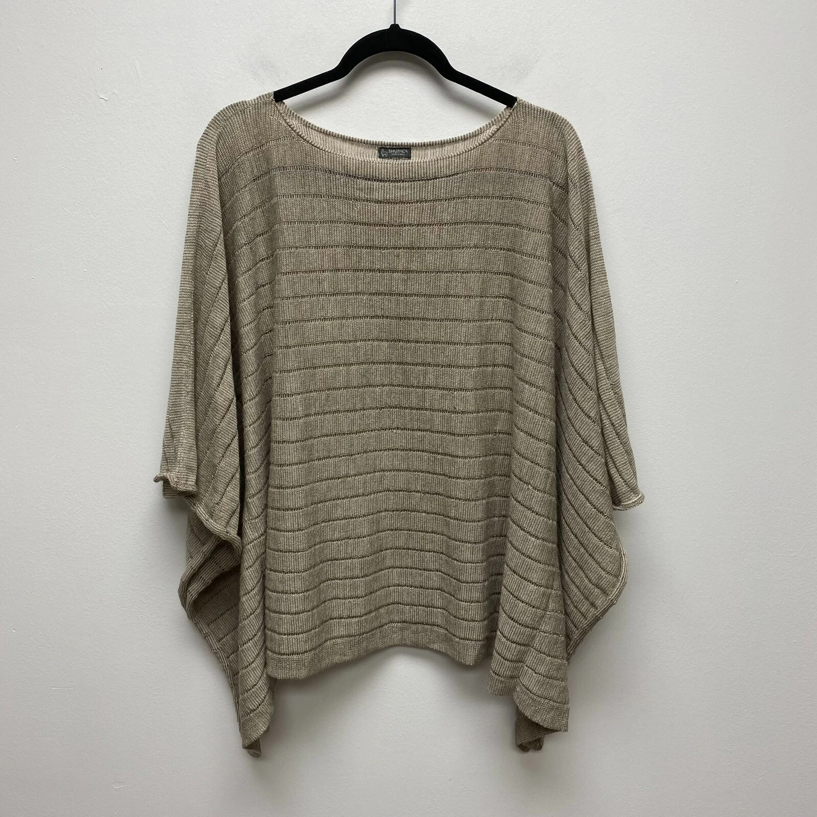 Shupaca Peru Womens Beige Ribbed Kimono Sleeve Baby Alpaca Pullover Poncho Top L