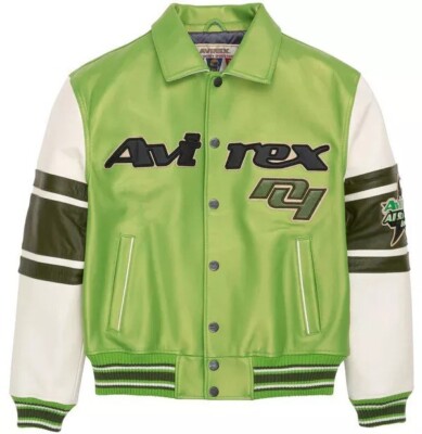 Avirex Men's Green Stars And Stripe Bomber Leather Jacket