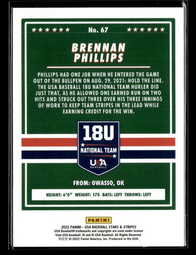 2022 Panini USA Baseball Stars & Stripes #67 Brennan Phillips Longevity card - Picture 2 of 2