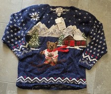 NWT Vintage 90s Tiara International Christmas Sweater Skiing Bear 1990s Blue L