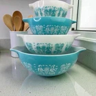 VTG PYREX Amish Butterprint Turquoise Blue White Cinderella Mixing Bowls Set o 4