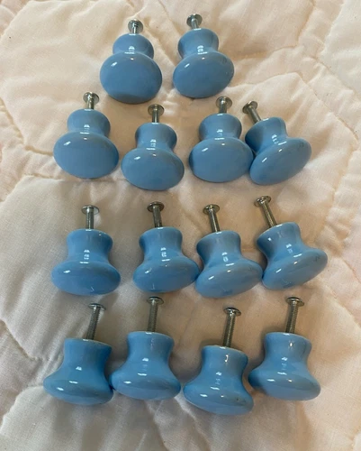 Blue Porcelain Round Knobs, Set Of 14, 1” Wide, Farmhouse Look.