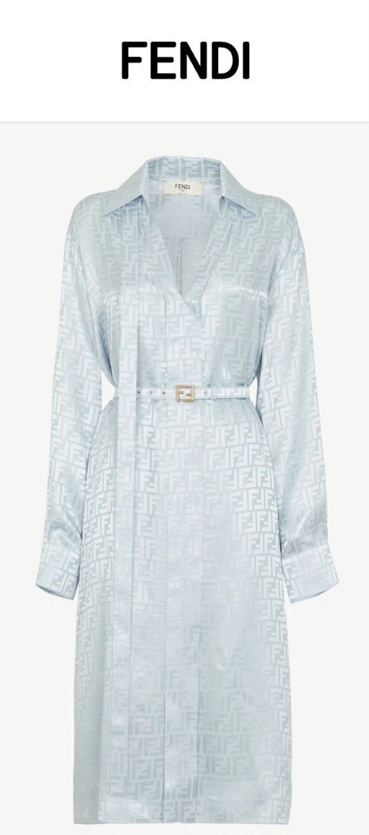 FENDI Zucca Dress Light blue FF satin crêpe dress 44 Silk Pullover Side Pockets