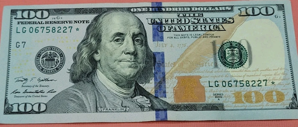 2009 A $100 dollar bill ⭐️STAR NOTE⭐️ Series 2009A Serial #LG 06758227 NICE! - Image 3 of 4
