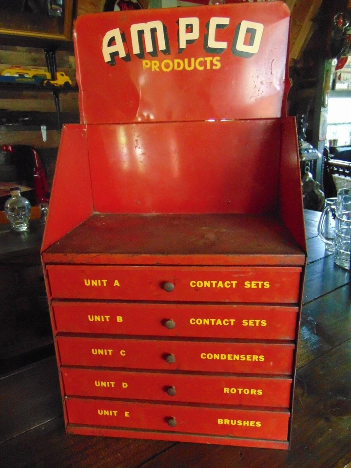 VITRINA ANTIGUA VINTAGE PRODUCTOS AMPCO 5 cajones rellenos 22 1/2" de alto Foto 3 de 4