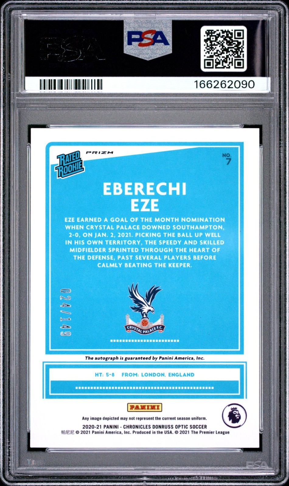 Eberechi Eze 2020 Panini Chronicles EPL Optic Silver Circles /149 Auto PSA 9 RC view 2