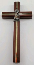 Vtg Style Praying Boy Pewter Metal Wood Wall Cross Baptism Christening gift