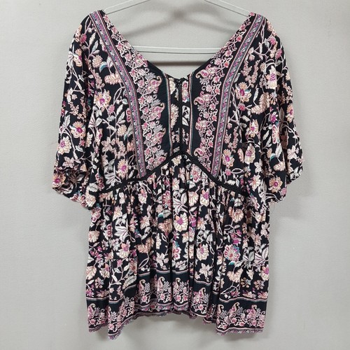 Romantic Gypsy Top Womens 1X Floral Black Flutter Sleeve Boho Bohemian Hippie - Picture 2 of 8