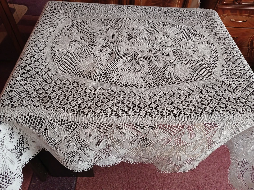 Hand Knitted Tablecloth 91″ Cotton Handmade Lace Doily - Image 2 of 4