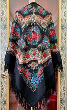 Vintage Wool Shawl 56'' Black Piano Fringed Boho Floral Roses Hippie Gypsy Folk