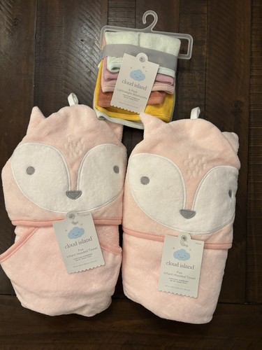 2 NEW Cloud Island Baby Fox Pink Hooded Bath Towel Cotton Infant w/6pk washcloth