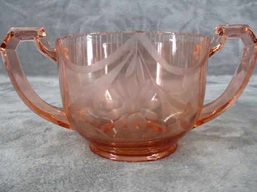 Depression Glass Sugar Bowl And Creamer Set Pink Floral Etched Vintage Handle * - Picture 15 of 16