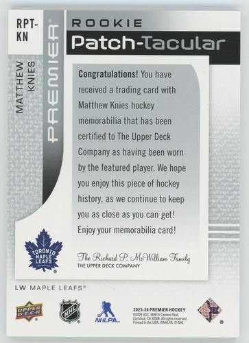 Parche Premier Rookie 2023-24 Upper Deck-Taculares logotipos en el pecho Matthew Knies 22/25 - Imagen 2 de 3