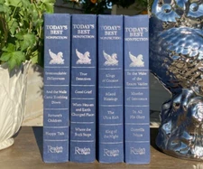 4 Vtg BLUE & SILVER Books Stack Decor Library Shelf Staging HC Readers Digest
