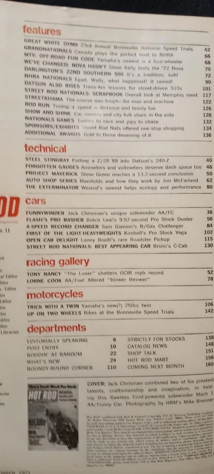 Винтажный журнал HOT ROD ноябрь 1971 Street Rods классная реклама учебники VG + - Изображение 2 из 4