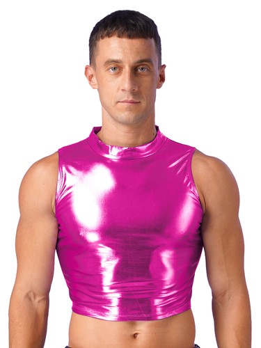 Herren Glänzend Metallic Crop Tank Top Ärmellos Stehkragen Muskel Weste Streetwear - Bild 14 von 54