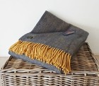 Herringbone Throw 100% Pure New Wool - Navy Blue & Mustard Bedroom Living Room