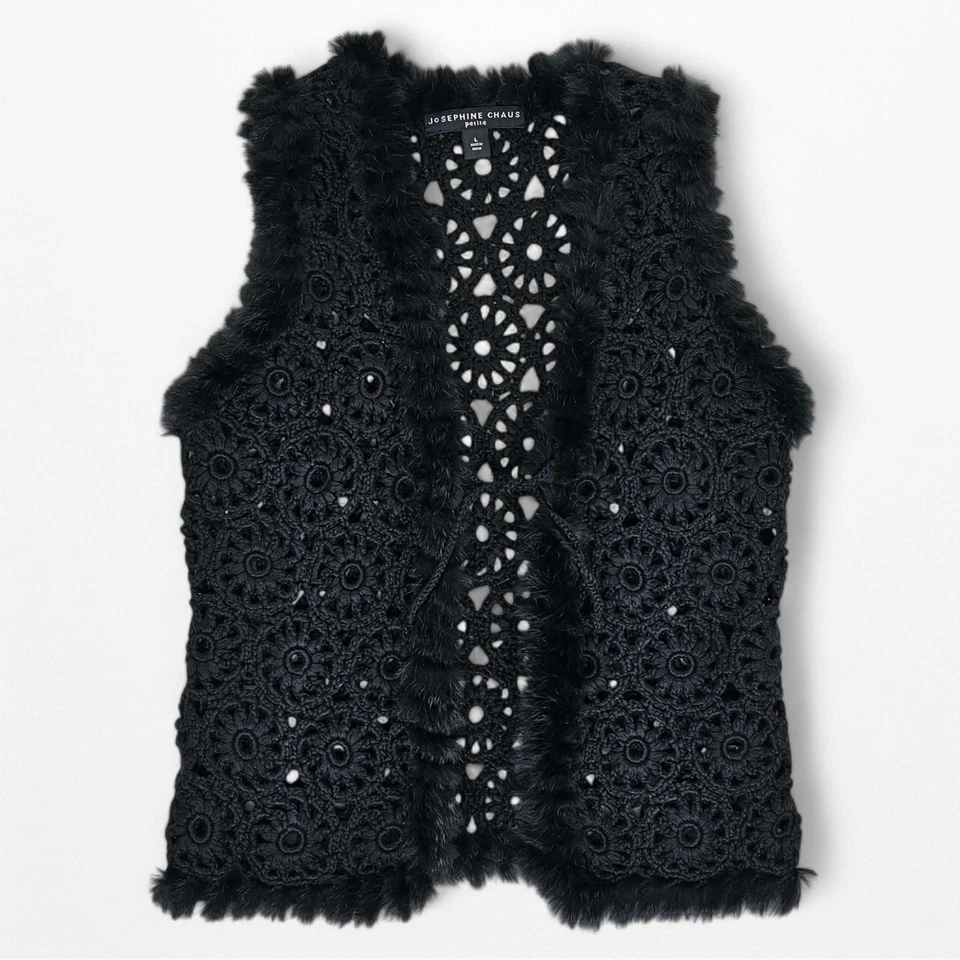 Chaleco de mezcla de lana con ribete de piel Josephine Chaus para mujer Petite L negro con corbata de ganchillo frontal Foto 4 de 4