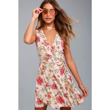 Lulus Floral Wrap Dress Best In Bloom Blush Tassel Sleeveless V-Neck Mini M NEW