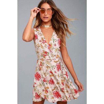 Lulus Floral Wrap Dress Best In Bloom Blush Tassel Sleeveless V-Neck Mini M NEW