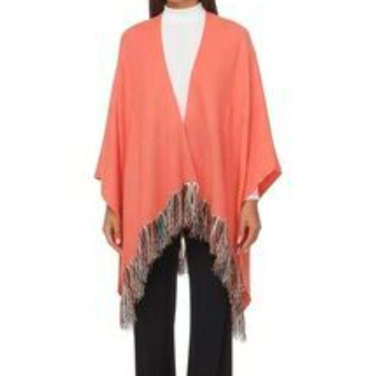 MerSea Classic Travel Wrap Knit Poncho in Coral / Peach w/Multicolor Fringe