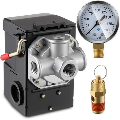 Dreyoo Air Compressor Pressure Switch 90120 4Port 20 Amp with 0200 PSI Gauge ...