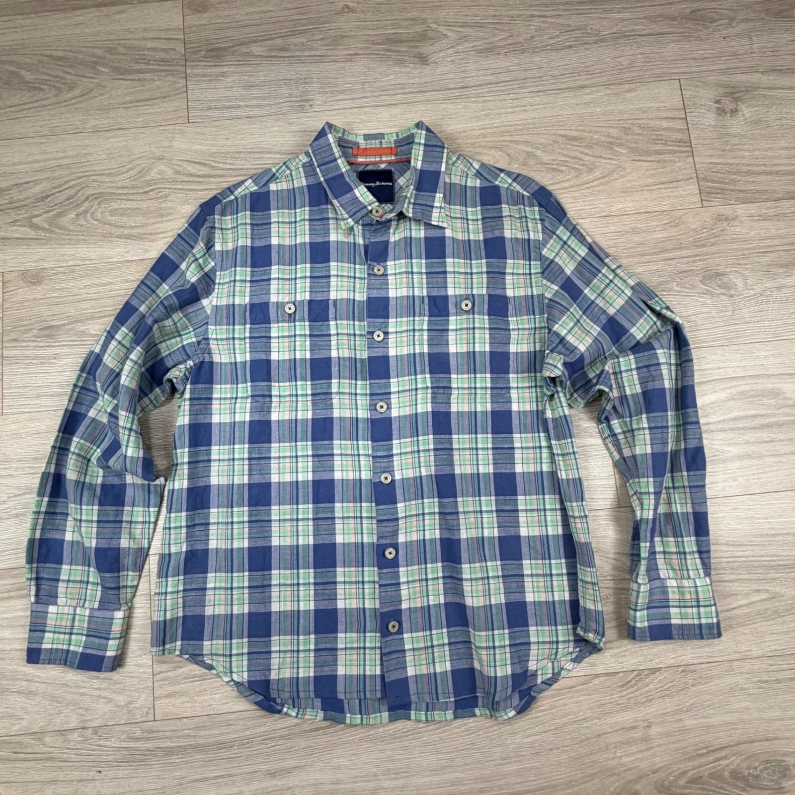 Tommy Bahama Mens Medium Blue Green Plaid Linen Cotton Long Sleeve Button Shirt