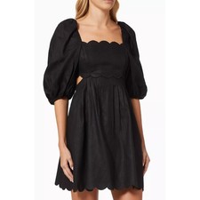 Zimmermann Mae Cut Out Mini Dress Black Linen wedding Puff Sleeve NWT Size 1