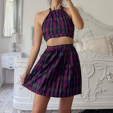 Vintage Herman Geist Silk Tartan Plaid Skirt Set Halter Crop Size Small