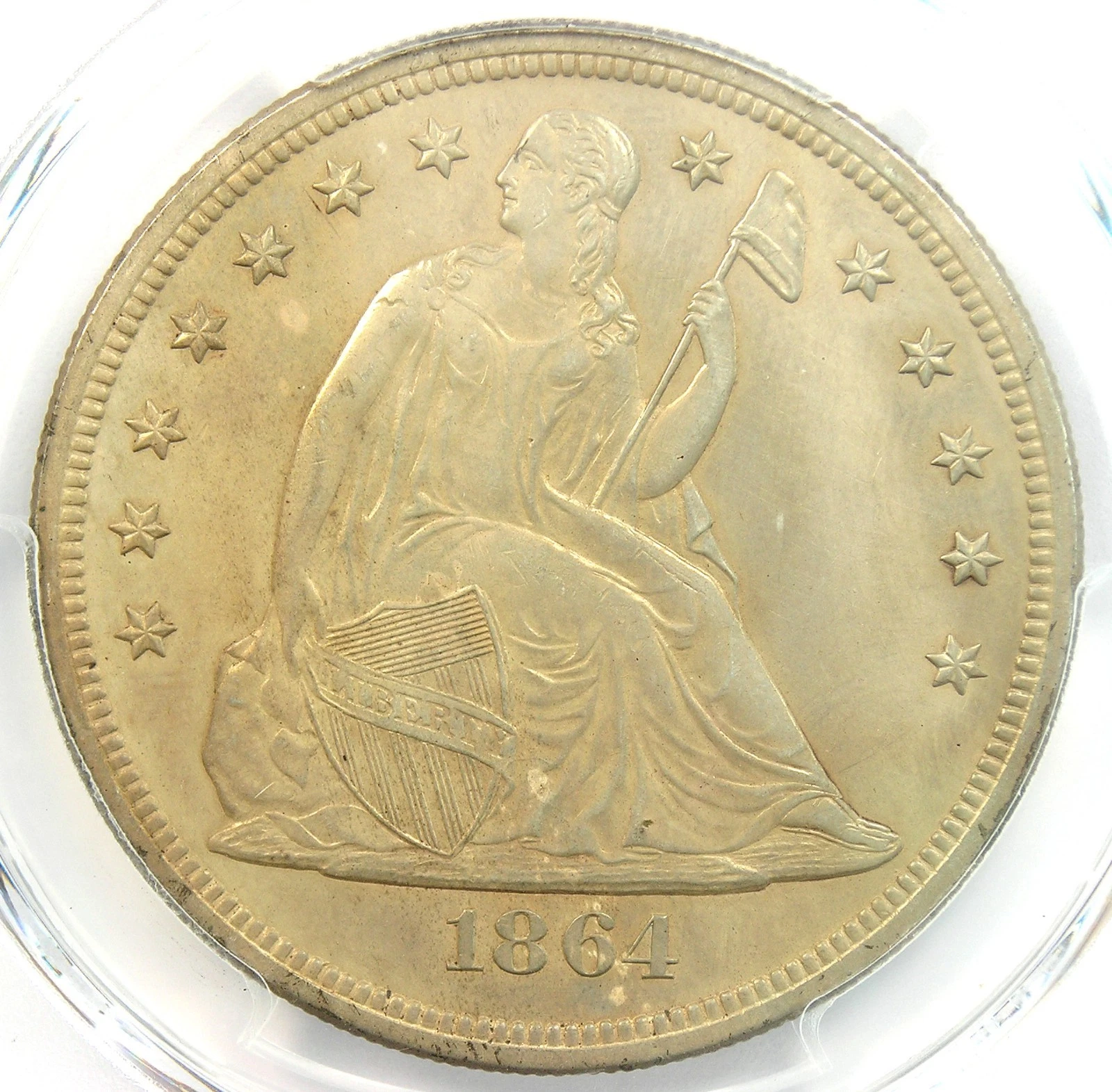 1864 Seated Liberty Silver Dollar $1 - PCGS Uncirculated Detail (UNC MS) - Rare