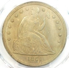 1864 Seated Liberty Silver Dollar $1 - PCGS Uncirculated Detail (UNC MS) - Rare