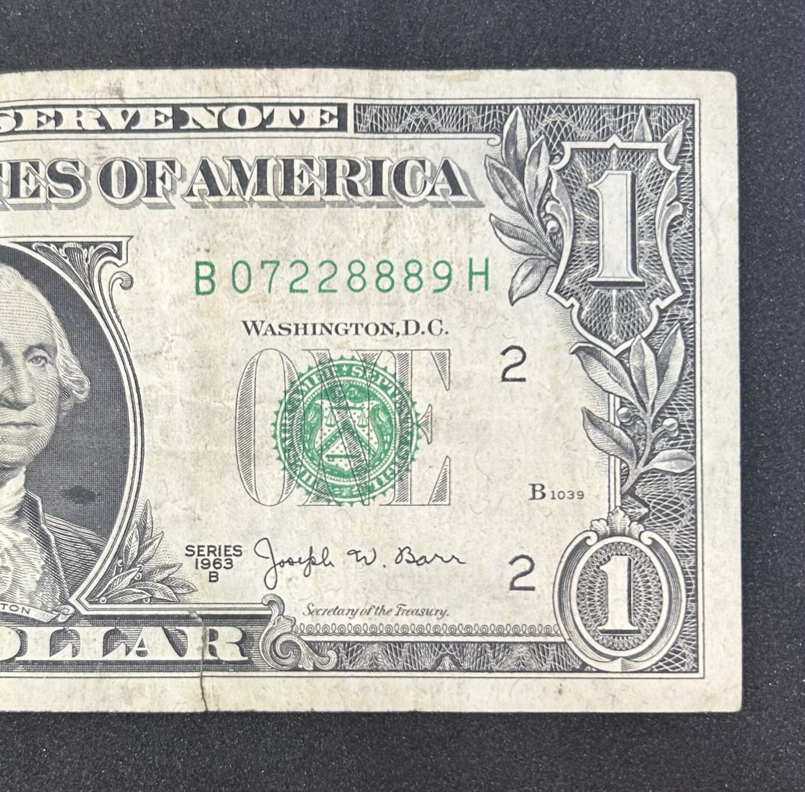 Fancy Serial # "888" - 1963 B Joseph Barr Note - $1 One Dollar Bill - B07228889H