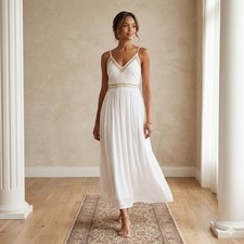 Japna White Gold Embroidered Boho Maxi Dress Womens Medium V-Neck Rayon Gauze