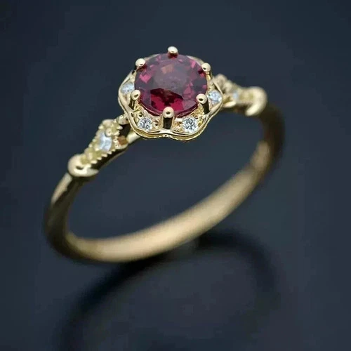 Art Deco Vintage Style Lab Created Diamond & Ruby Wedding 14K Gold Finish Ring
