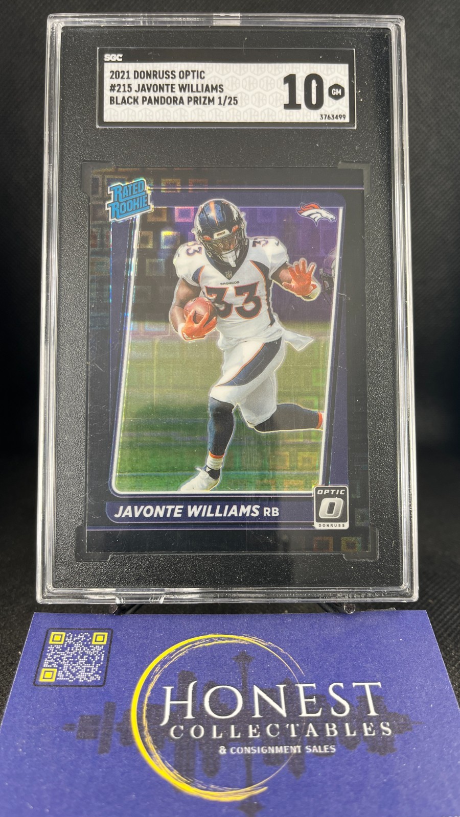 Javonte Williams /25 (RC) Gem 10- 2021 Panini Optic Black Pandora Prizm SP #215