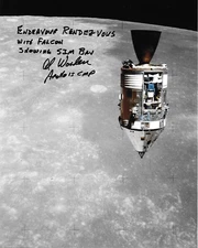 APOLLO 15 ASTRONAUT AL WORDEN SIGNED COLOR 8X10 PHOTO OF CSM IN LUNAR ORBIT