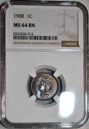 NGC MS-64 BN 1908 Indian Head Cent, Blazing, Beautifully Toned specimen!