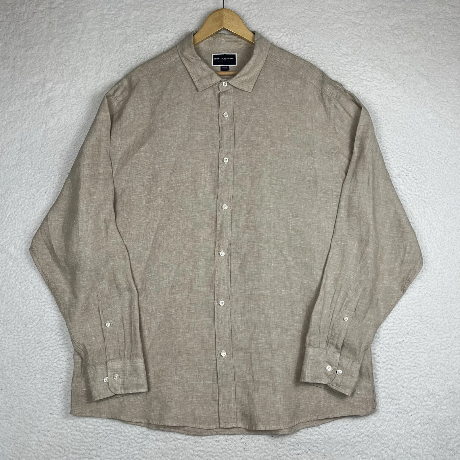 Charles Tywhitt 100% Linen Shirt Mens 2XL Slim Fit Beige Long Sleeve Button Up