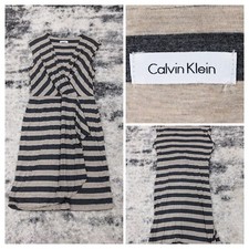 Calvin Klein Womens Size 6 Small Striped Gray/ White Sleeveless Deep V Dress
