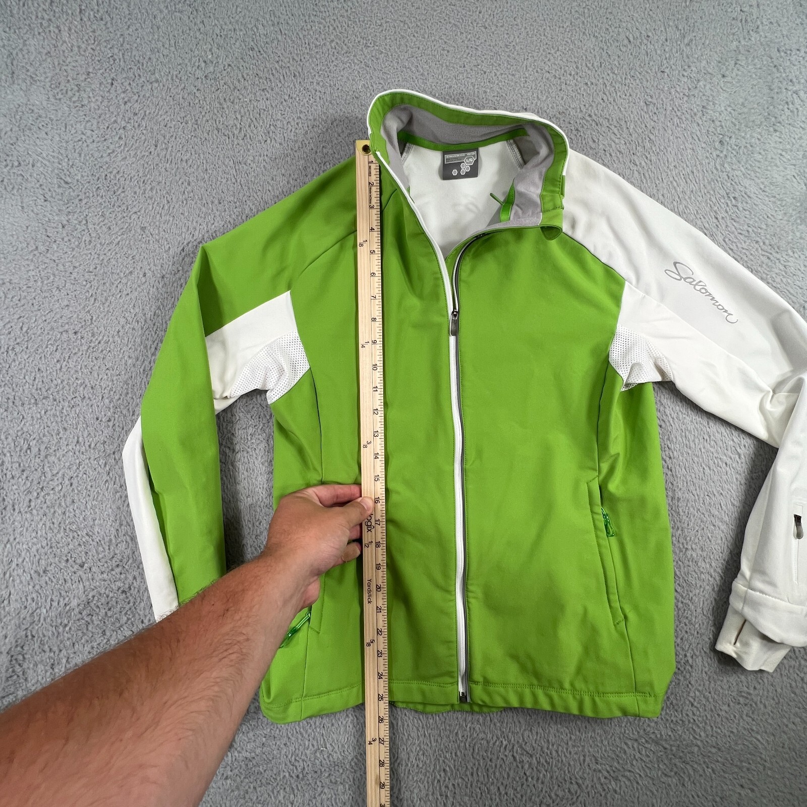 Salomon Giacca Donna Grande Verde Bianco Clima Vento Cerniera Piena Corsa Gorpcore