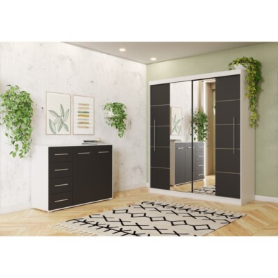 Schwebetürenschrank TORINO III Kommode FRIDA 01 Weiß/Schwarz + Zierleisten